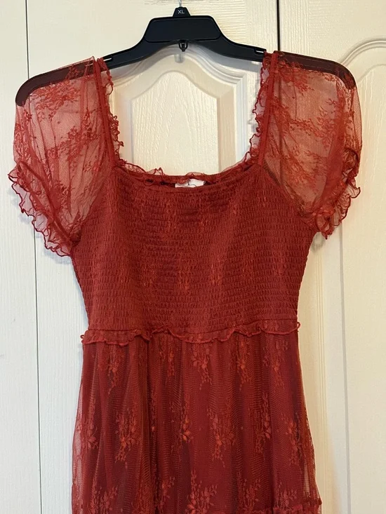 Ember Women’s Rust Lace/Mesh Tiered Midi Dress  Sz. M - Picture 7 of 13